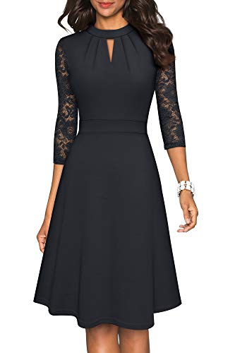 HOMEYEE Damen Elegant Hollow Out Spitzenärmel Swing Plissee Party Cocktailkleid A234 (S, Schwarz)