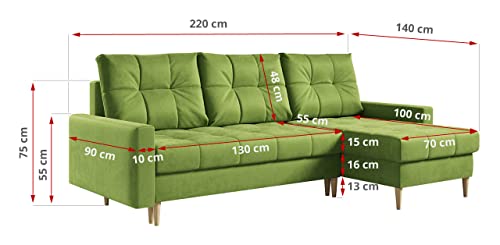 MKS MEBLE Ecksofa Wohnzimmer - Wohnlandschaft - L-Form Couch mit Schlaffunktion - Bettsofa - Wohnzimmer L Couch - Polstersofa mit Bettkasten - Astra Grün