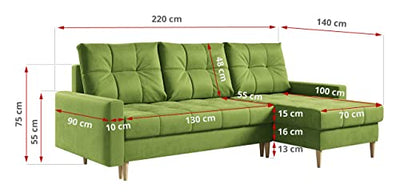 MKS MEBLE Ecksofa Wohnzimmer - Wohnlandschaft - L-Form Couch mit Schlaffunktion - Bettsofa - Wohnzimmer L Couch - Polstersofa mit Bettkasten - Astra Grün