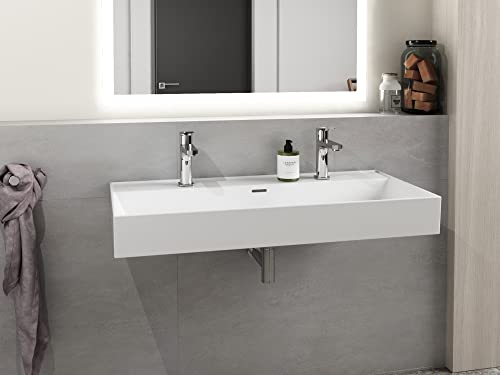 AQUA BAGNO Design Doppelwaschbecken im modernen Stil, Wand Waschbecken in Weiß, Waschtisch aus Keramik | 1004 x 465 x 130 mm