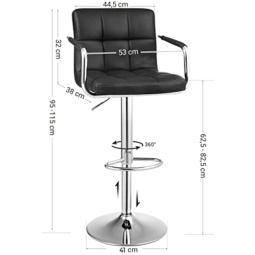 SONGMICS Barhocker, höhenverstellbarer Barstuhl, mit PU-Bezug, 360° Drehstuhl, Küchenstuhl mit Armlehnen, Rückenlehne und Fußstütze, verchromter Stahl, schwarz LJB93B-1