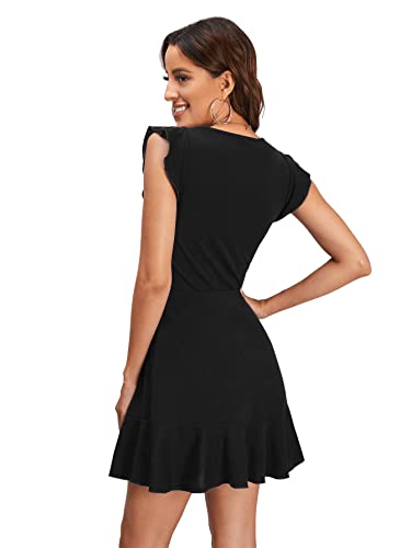 SheIn Damen Kleid Elegant Mini Kleider Kurzarm A-Linie Freizeitkleid Partykleid mit Volant Ärmeln Rundhals Blusekleid Schwarz S