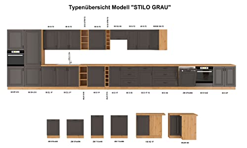 Küche Stilo Grau + Eiche Artisan 250 cm Küchenzeile Küchenblock Einbauküche