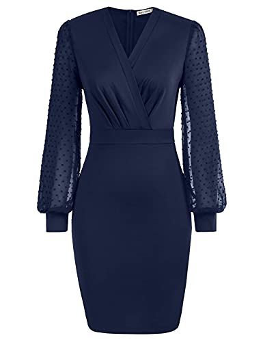 GRACE KARIN Damen Tüll Langarm V-Ausschnitt Bodycon Bleistiftkleid elegant Cocktail Knielang Kleid L Navy Blau CLE2815-4