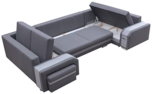 MKS MEBLE Ecksofa mit Hocker und Schuublade - U-Form Sofa Mit Schlaffunktion - Wohnlandschaft - Ausklappbar Bettsofa - Wohnzimmer U Couch - Polstersofa mit Bettkasten ASSAN U