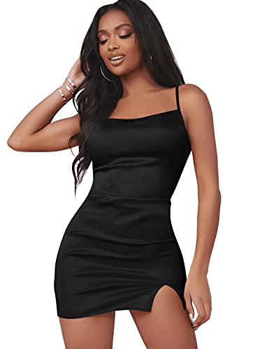 DIDK Damen Minikleid Bodycon Partykleid mit Schlitz Satin Figurbetontes Kleid Bleistift Sxy Kleider Spaghettiträger Sommerkleid Schwarz XS