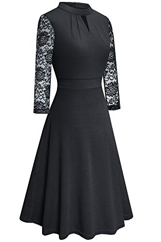 HOMEYEE Damen Elegant Hollow Out Spitzenärmel Swing Plissee Party Cocktailkleid A234 (S, Schwarz)