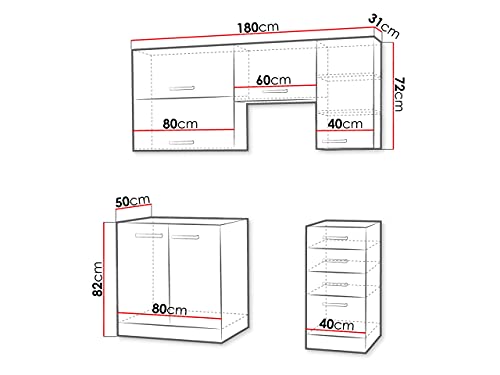 Küche Multiline II, 180 cm Küchenblock/Küchenzeile mit Arbeitsplatte und Spühlbecken, 5 Schrank-Module frei kombinierbar (Grau/Creme Hochglanz; mit LED Beleuchtung)