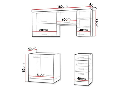 Küche Multiline II, 180 cm Küchenblock/Küchenzeile mit Arbeitsplatte und Spühlbecken, 5 Schrank-Module frei kombinierbar (Grau/Creme Hochglanz; mit LED Beleuchtung)