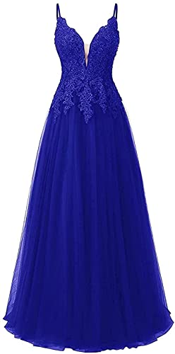 Vantexi Damen Spaghetti-Trägern Tüll Formelles Abendkleid Spitze Applique Sweet 16 Party Ballkleider Blau Größe 44