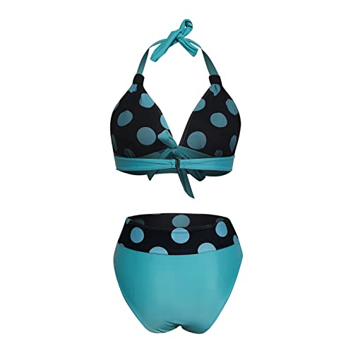 GOKOMO Damen Punkte Bikini Neckholder Sexy Badeanzug mit Cups Bauchweg Bademode Damen Bikini mit Tanga High Waist Bikini Triangel Push Up Sexy Gepolstert Große Größe Swimsuit(XL,Blau)