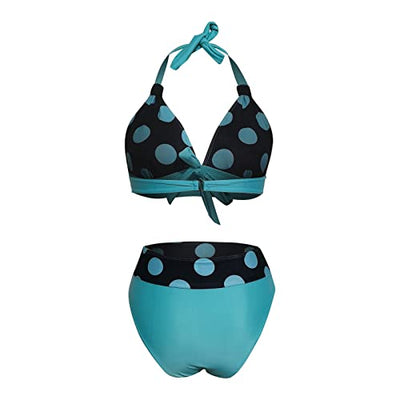 GOKOMO Damen Punkte Bikini Neckholder Sexy Badeanzug mit Cups Bauchweg Bademode Damen Bikini mit Tanga High Waist Bikini Triangel Push Up Sexy Gepolstert Große Größe Swimsuit(XL,Blau)