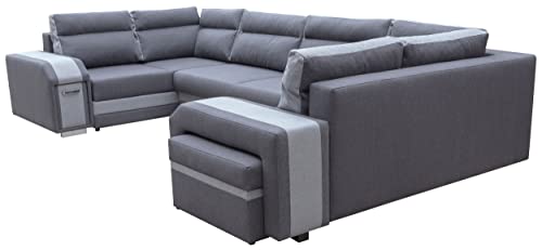 MKS MEBLE Ecksofa mit Hocker und Schuublade - U-Form Sofa Mit Schlaffunktion - Wohnlandschaft - Ausklappbar Bettsofa - Wohnzimmer U Couch - Polstersofa mit Bettkasten ASSAN U