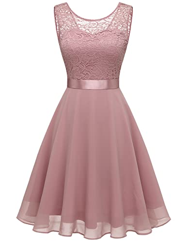 BeryLove Damen Spitzenkleid Brautjungfer Elegant Party Knielang Cocktailkleid Chiffon Ärmellos BLP7005B-Blush2XL