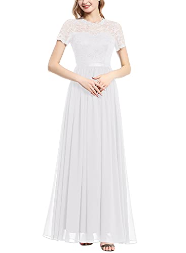 Dressystar Damen Hochzeitskleid Maxi Spitzenkleid Elegant Chiffon Partykleid Kurzarm Abendkleider Weiß S