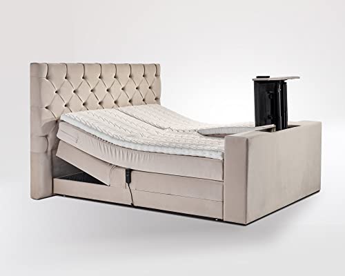 TV-Line Boxspringbett elektrisch Velourstoff 200 x 200 cm/Beige/Holzfuß