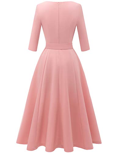 DRESSTELLS Damen Cocktail Kleider für Damen Vintage Retro Kleid 3/4 Arm Rundasuschnitt Festliches Kleid Blush L