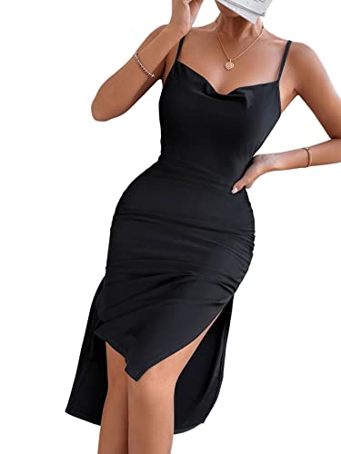 SheIn Damen Spaghettiträger Midikleid Elegant Figurbetontes Ärmelloses Kleid Enger Sommerkleid Partykleid mit Schlitz Schwarz M