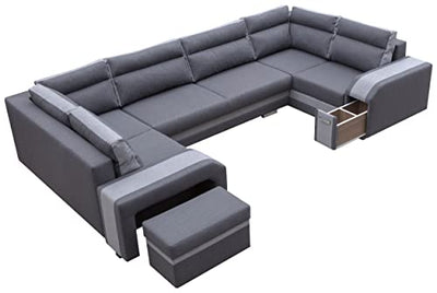 MKS MEBLE Ecksofa mit Hocker und Schuublade - U-Form Sofa Mit Schlaffunktion - Wohnlandschaft - Ausklappbar Bettsofa - Wohnzimmer U Couch - Polstersofa mit Bettkasten ASSAN U