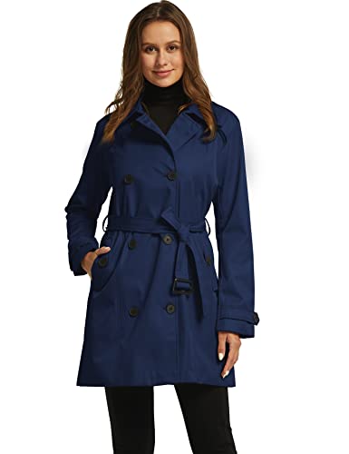 Wantdo Damen Schulterklappen Jacke mit Verstellbare Gürtel Winddicht Herbst Jacke Zweireiher Trenchcoat Mantel Navy S