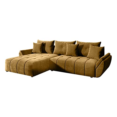 FURNIX Ecksofa Calvani mit Schlaffunktion und Bettkasten - Couch Wohnzimmersofa mit Kissen - L-Form Sofa, Stellfüße in Chromoptik - B280 x T190 x H91 cm, Liegefläche 230 x 149 cm - MH 48 (Gold)