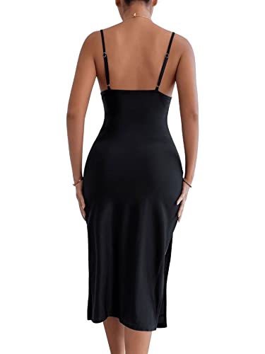 SheIn Damen Spaghettiträger Midikleid Elegant Figurbetontes Ärmelloses Kleid Enger Sommerkleid Partykleid mit Schlitz Schwarz M