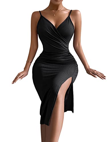 SheIn Damen Bodycon Midikleid Spaghettiträger Freizeitkleid Sommerkleid V-Ausschnitt Partykleid mit Schlitz Schwarz M