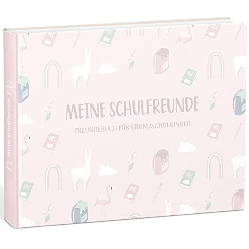 mintkind® „Meine Schulfreunde“ Freundebuch für Mädchen – Freundschaftsbuch für die Grundschule | Geschenk zur Einschulung | Schulfreundebuch zum Ausfüllen im Alpaka und Regenbogen Design