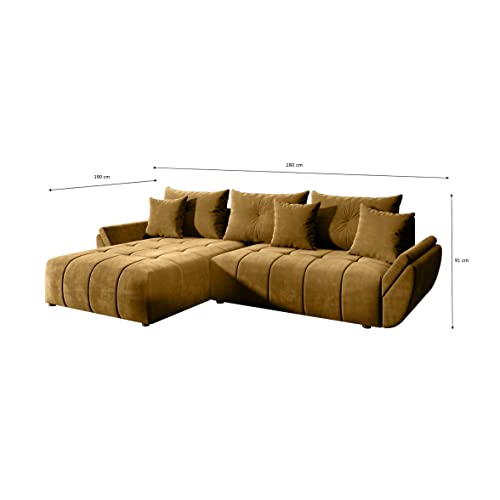 FURNIX Ecksofa Calvani mit Schlaffunktion und Bettkasten - Couch Wohnzimmersofa mit Kissen - L-Form Sofa, Stellfüße in Chromoptik - B280 x T190 x H91 cm, Liegefläche 230 x 149 cm - MH 48 (Gold)