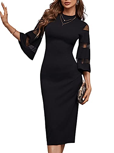 SheIn Damen Figurbetontes Kleid 3/4 Arm Mesh Midikleid Bodycon Partykleid Stehkragen Volant Ärmel Knielang Kleider mit Schlitz Schwarz S