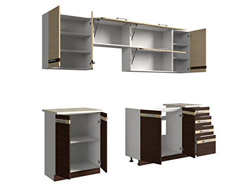 Küche Lungo/Macchiato bis 240 cm mit Arbeitsplatte, Küchenblock/Küchenzeile, 7 Schrank-Module frei kombinierbar (Weiß/Milch Eiche + Wenge/Petra Beige, mit Led Beleuchtung)