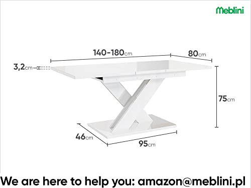 MEBLINI Esstisch Ausziehbar - Esszimmertisch Modern - Küchentisch - Säulentisch - Ausziehtisch - Dining Table - Esszimmertische - 140-180x80x75cm - Bronx - Weiß Hochglanz/Schwarz Hochglanz