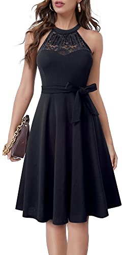 HOMEYEE Damen Vintage 50er Rockabilly Schulterfrei Bestickte Spitze Cocktailkleid A283 (M, Schwarz)