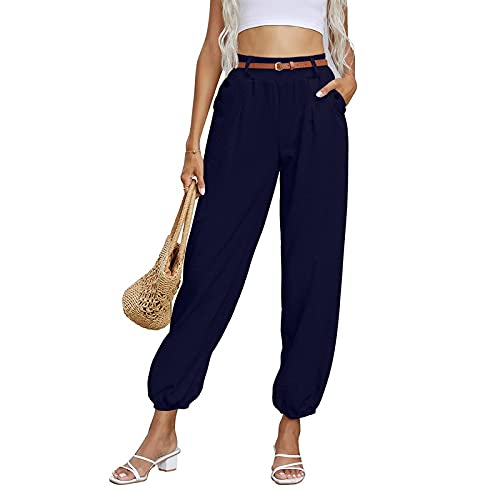 OEAK Damen Leinen Hose Haremshose Lang Chino Einfarbig Sommerhose Pumphose Aladinhose Pluderhose Baggy Harem Stil Strandhose mit Gürtel,Marine,Gr.L