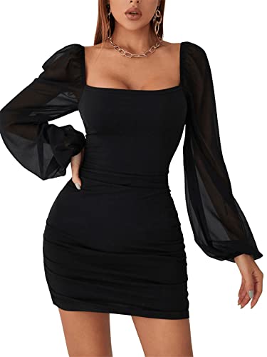 SheIn Damen Netz Ärmel Kleider Bodycon Bleistiftkleid Minikleid Sexy Mesh Partykleid Figurbetont Langarmkleid Schwarz S