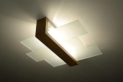 SOLLUX LIGHTING Feniks 2 Deckenleuchte | Stilvolle Kombination aus Holzgehäuse und Glasschirm | Austauschbares E27-Leuchtmittel, 2 x 60 W | Naturholz, 43 x 43 x 12 cm