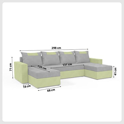 Meblito Ecksofa Susanne mit Schlaffunktion und Bettkasten, U-Form, Liegefläche 132 x 267 cm, Abmessungen B298 x T144 cm, Sitzthöhe 41 cm, mit 4 Großen Rückenkissen