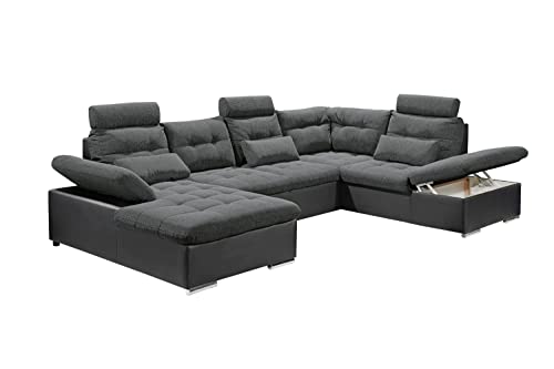 Kabs Polsterwelt Wohnlandschaft Jakarta III dunkelgrau Ottomane rechts U-Form mit Schlaffunktion 324 x 107 x 170 cm - Moderne Couch mit Bettkasten, verstellbaren Armlehnen & Kopfstützen Rücken echt