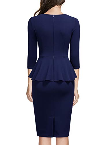 MIUSOL Damen Business Cocktailkleid Karree-Ausschnitt 3/4 Arm Reißverschluss Schößchen Kleid Navy Blau XL