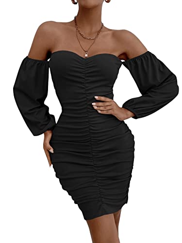 SheIn Damen Schulterfrei Figurbetontes Partykleid Elegant Minikleid Kurz Bodycon Kleider mit Rüschen Schwarz S