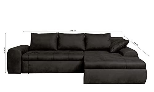 lifestyle4living Ecksofa mit Schlaffunktion und Bettkasten in Schwarz | Gemütliches Mikrofaser L-Sofa im Vintage-Look mit Stauraum inkl. 4 Rückenkissen