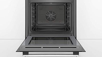 Bosch HBA533BS1 Serie 4 Einbau-Backofen, 60 x 60 cm, EcoClean Direct Reinigungshilfe, 3D Heißluft Backen auf 3 Ebenen, LED-Display, Versenkknebel, Schnellaufheizung, Kindersicherung, Edelstahl