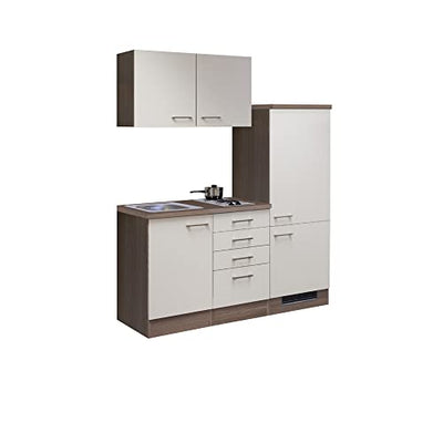 RIWAA - Singleküche BELFAST mit Elektro-Kochfeld und Kühlschrank Küche - 8-teilig - 160 cm - Creme Samtmatt/Eiche Dekor