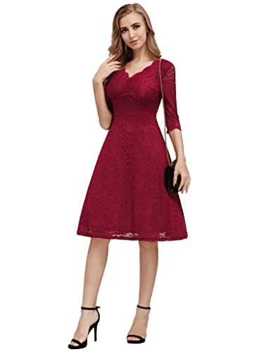 JASAMBAC Cocktailkleid für Frauen Vintage Hochzeit Gäste Spitze Midi Kleid Party, Weinrot, Mittel