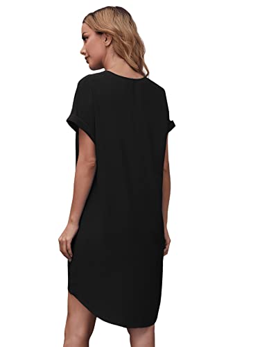 SheIn Damen Kleid Blusekleid High Low Kleider Asymmetrisch Kurz Tunikakleid Locker Sommer Freizeitkleid mit V-Ausschnitt Schwarz L