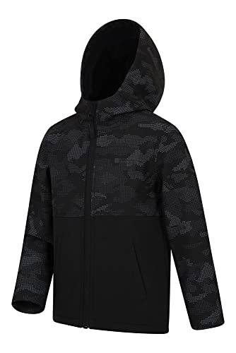 Mountain Warehouse Exodus bunt Bedruckte Softshell-Kinder-Jacke - Winddichte, Wasserabweisende, atmungsaktive Jacke aus Softshell-Stoff für Jungen und Mädchen Schwarz Camo 13 Jahre