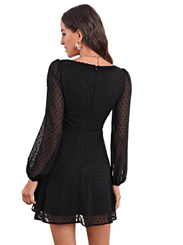 SheIn Damen Bishop Ärmel Minikleid A-Linie Kleider Elegant Hohe Taille Langarm Freizeitkleid Schwarz L