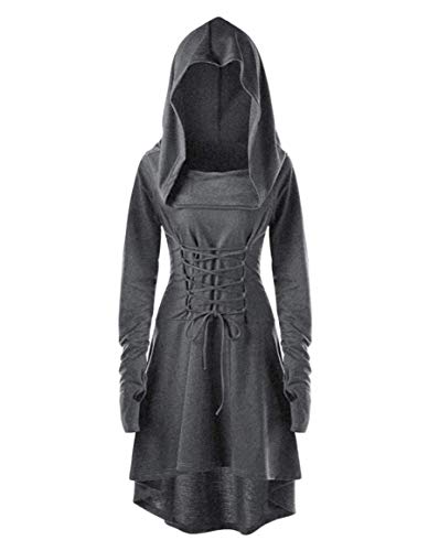 chuangminghangqi Renaissance Kostüm Damen Robe zum Schnüren Mittelalter Kleid mit Kapuze Langarm Retro Gothic Cosplay Halloween Karneval (S, Grau)