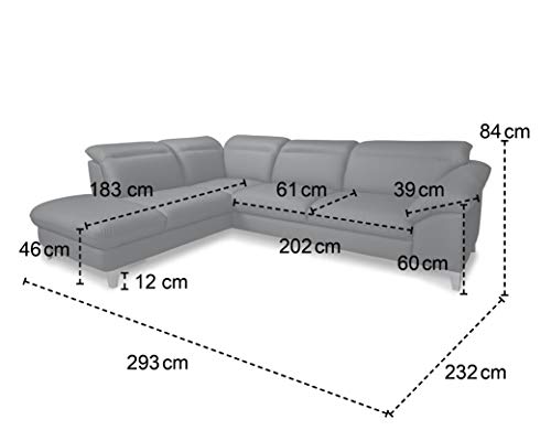 Mivano Ledercouch Teresa / Ecksofa mit Bettfunktion und Kopfteilverstellung in Echtleder / 293 x 84 x 232 / Leder Grau