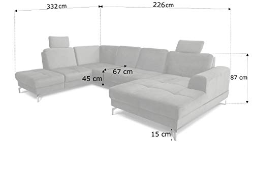 CAVADORE Wohnlandschaft Benda / Große Sofagarnitur mit XL-Longchair rechts & Federkern / Inkl. Sitztiefenverstellung & Kopfstützen / 332 x 87 x 226 / Samt: grün